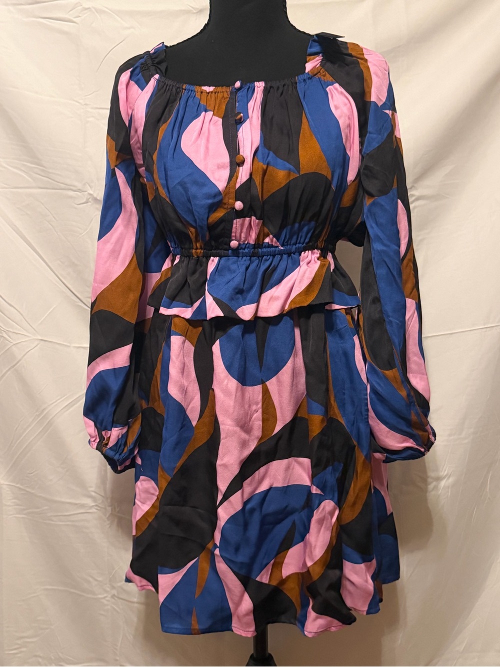Abstract Print Long Sleeve Mini Dress in Pink, Blue & Brown-A001